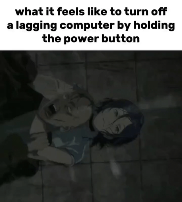 The meme features a top text box with the caption 'what it feels like to turn off a lagging computer by holding the power button' above an anime screenshot. The image depicts two animated characters lying on a tiled floor: one appears intense or relieved, while the other looks calm or determined, seemingly supporting or holding the first character. The humor arises from the analogy between the urgent, satisfying action of forcefully shutting down a lagging computer and the dramatic, emotional scene in the anime, creating a relatable joke about tech frustration.