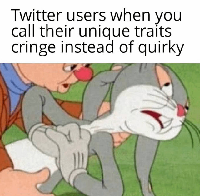 The meme features a two-part structure: a top text overlay and a lower animated screenshot from the Looney Tunes series. The text reads, "Twitter users when you call their unique traits cringe instead of quirky". Below the text, the image shows Elmer Fudd (a hunter character) aggressively grabbing Bugs Bunny, who is depicted with a contorted, distressed expression and a stretched body, conveying a dramatic, over-the-top reaction. The humor arises from the analogy between Bugs Bunny's exaggerated physical distress and Twitter users' hypothetical strong emotional reaction to having their 'quirky' traits labeled 'cringe'.