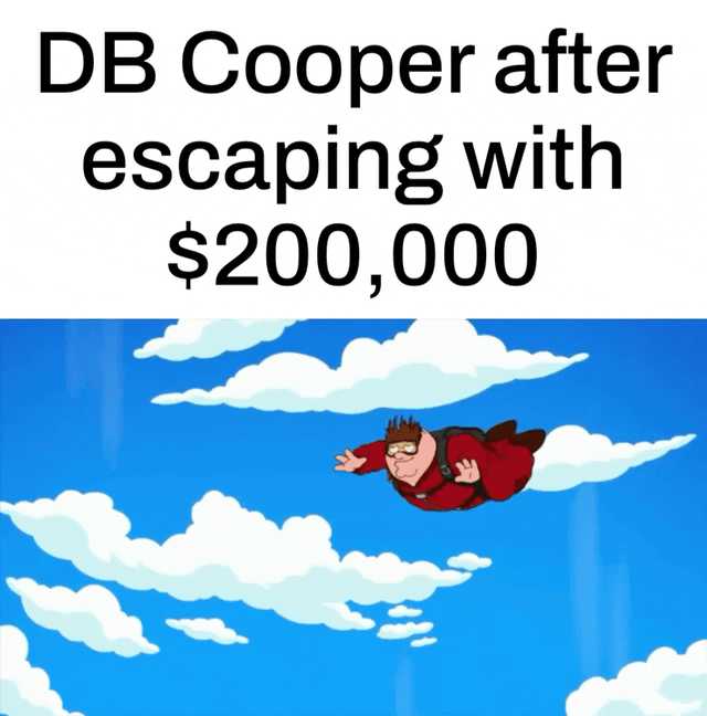 This animated meme shows clumsy cartoon character Peter Griffin from *Family Guy* spinning uncontrollably while falling through a cloudy blue sky, with every frame captioned 'DB Cooper after escaping with $200,000'. The joke plays on the famous unsolved real-life DB Cooper case: in 1971, DB Cooper hijacked a plane, extorted a $200,000 ransom, then parachuted out of the plane over the Pacific Northwest and was never seen or identified again. The meme humorously implies that Cooper never successfully landed safely after his jump, and is still tumbling to his death mid-fall, which explains why he was never found, matching the meme's original title 'And he was never seen again'.