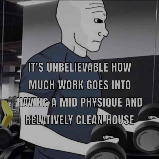 This meme features a variant of the Wojak internet character, depicted in a gym setting holding dumbbells with a deadpan, weary expression. Overlaid text reads: "IT'S UNBELIEVABLE HOW MUCH WORK GOES INTO HAVING A MID PHYSIQUE AND RELATIVELY CLEAN HOUSE". The core humor is relatable satire: it highlights the uncelebrated, significant effort required to maintain modest, average life goals—not a elite gym physique, just a "mid" (mediocre/average) one, and a house that's only "relatively clean" (not spotless). The character's exhausted demeanor reinforces the sentiment of someone putting in ongoing, unrecognized work for these underwhelming, everyday achievements.