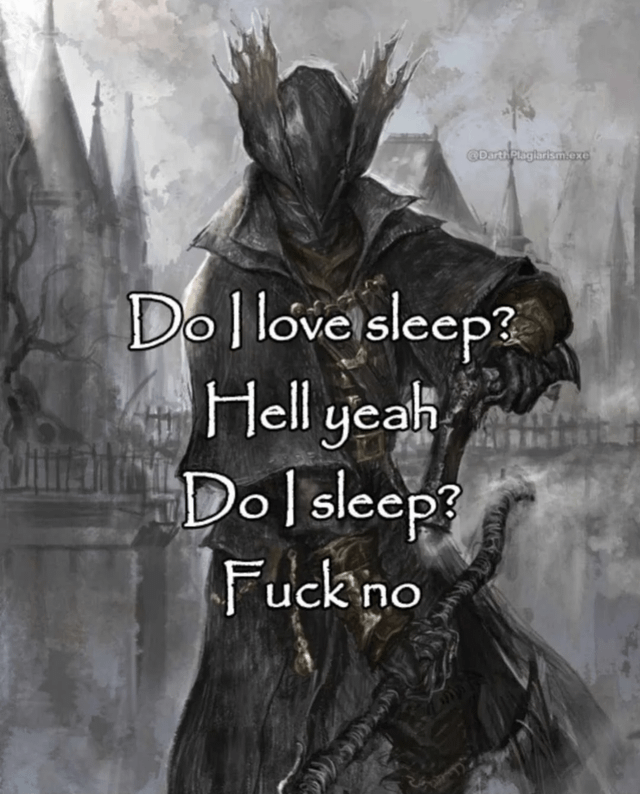 The image depicts a dark fantasy character, likely a knight or wizard, wearing a tattered black cloak and a horned helmet, standing against a misty, medieval castle backdrop. The character holds a gnarled staff in one hand and has a grim, serious expression. Overlaid in white text across the character's torso is the phrase: 'Do I love sleep? Hell yeah Do I sleep? Fuck no,' creating a humorous and relatable contrast between affection for sleep and the reality of not getting enough.
