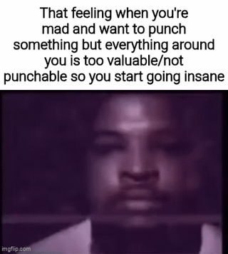 A 4-panel GIF meme titled 'RAGE MOMENT' depicting the relatable experience of feeling intense anger but being unable to punch anything due to surrounding objects being too valuable. Each panel features the same text caption explaining the scenario, paired with a sequence of frames showing a person's expression escalating from frustration to apparent insanity, possibly with visual elements suggesting confinement (e.g., bars in later frames). The meme humorously captures the chaotic emotional release when physical venting isn't possible.