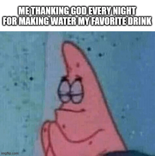 This single-panel reaction meme features the animated character Patrick Star from SpongeBob SquarePants wearing a smug, self-satisfied expression with half-lidded eyes and a small smirk. The overlaid text at the top of the image reads "ME THANKING GOD EVERY NIGHT FOR MAKING WATER MY FAVORITE DRINK". The meme conveys pride and contentment with preferring water as a beverage, matching the original post's sentiment of being confused by people who consistently choose soft drinks over water.