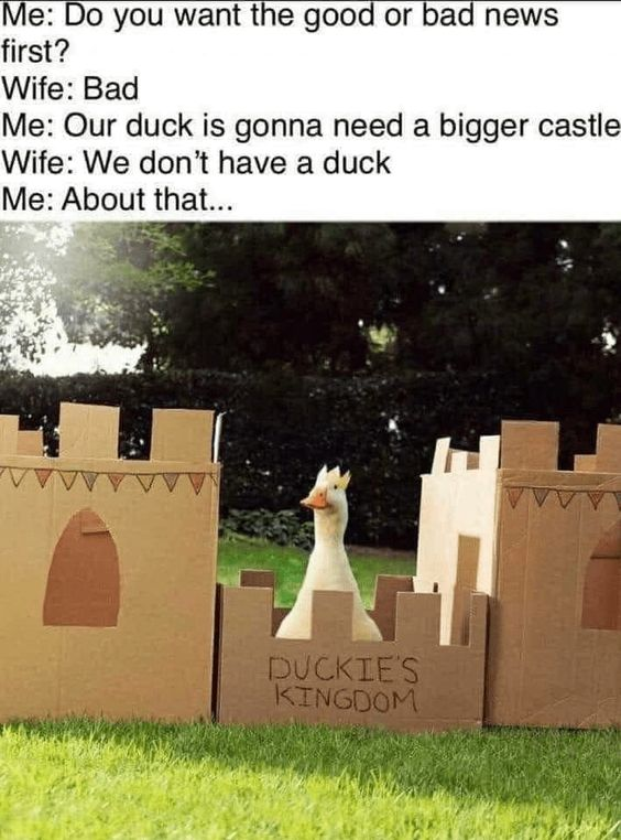 This is a single-panel wholesome meme that opens with a text dialogue between a husband and wife: the husband asks if the wife wants good or bad news first, she asks for bad news. The husband replies 'Our duck is gonna need a bigger castle', the wife responds 'We don't have a duck', and the husband says 'About that...'. Below the dialogue is an image of a real white duck wearing a tiny paper crown, sitting inside a hand-built cardboard castle labeled 'DUCKIE'S KINGDOM' on a backyard lawn. The joke reveals the husband secretly adopted a pet duck without telling his wife, resulting in a cute, wholesome surprise.