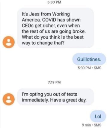 This image is a screenshot of an SMS text conversation between a representative of political advocacy group Working America and an unknown recipient. First, representative Jess sends a survey message noting CEOs grew much wealthier during the COVID-19 pandemic while average people faced financial hardship, asking for the recipient's proposed solution to this wealth inequality. The recipient replies with the single word 'Guillotines', a dark humorous reference to the execution device used to behead aristocrats during the French Revolution, suggesting extreme action against wealthy elites. The Working America representative responds that they are immediately opting the recipient out of all future texts, to which the recipient replies 'Lol' in amusement.