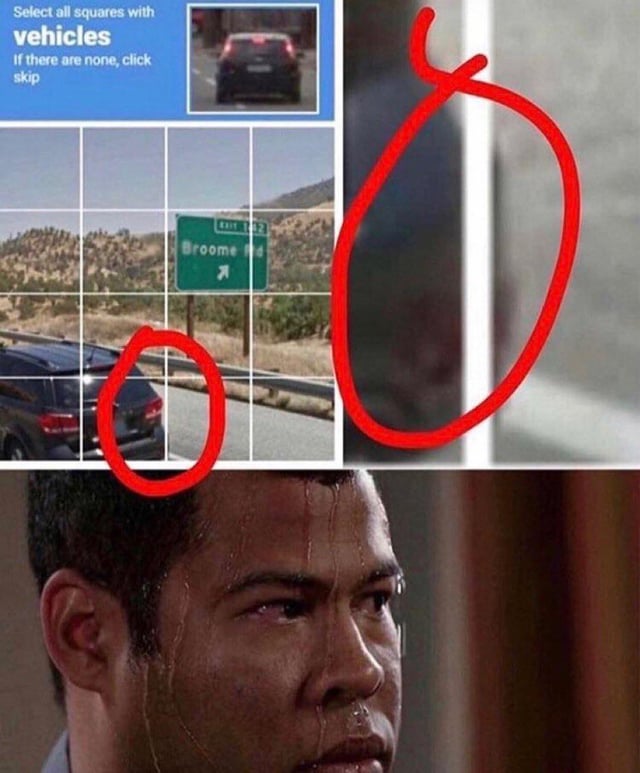 This is a relatable meme about the frustration of ambiguous CAPTCHA tests. The top left shows a Google reCAPTCHA prompt asking users to select all squares containing vehicles. A very small portion of the rear of a black SUV appears on the very edge of one grid square, making it unclear if that square counts as containing a vehicle. The top right zooms in on this tiny ambiguous portion of the car, circled in red to emphasize the ambiguity. The bottom of the meme features the popular sweating Jordan Peele reaction image from the Key & Peele sketch show, conveying the extreme stress, hesitation, and frustration users feel when forced to make this minor but high-stakes (for passing the CAPTCHA) ambiguous decision.