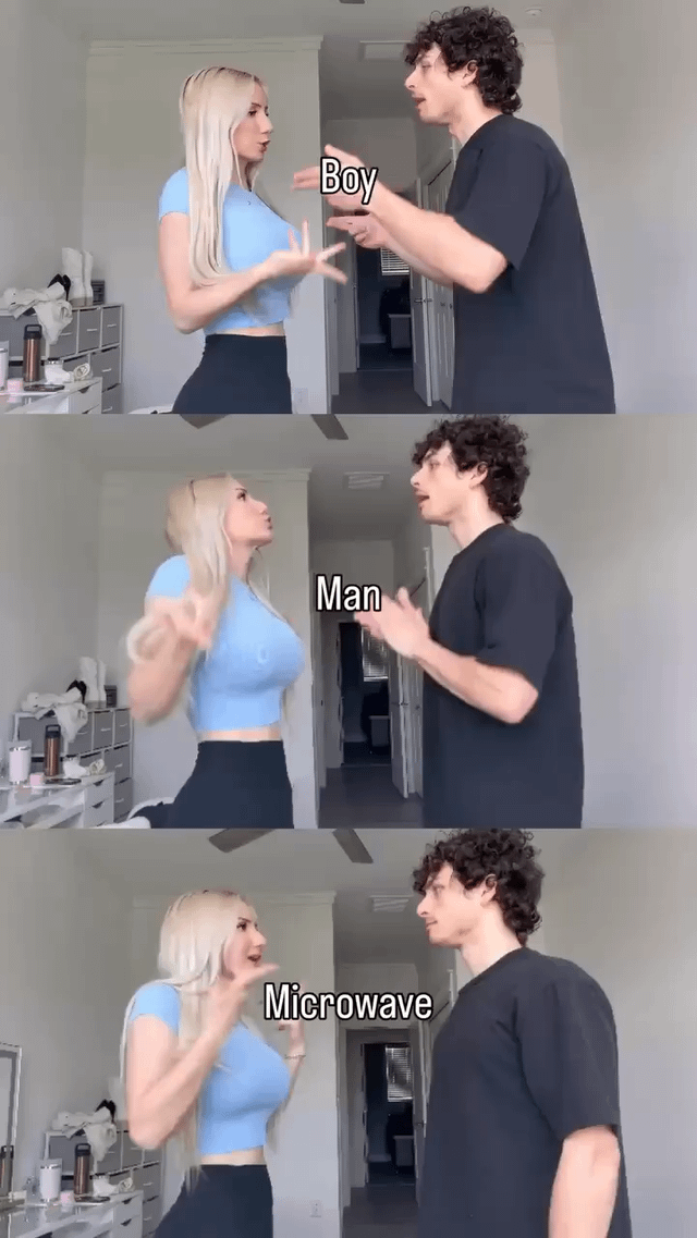 This is a 3-panel vertical collage meme depicting a blonde woman and a curly-haired man in a home setting, gesturing with their hands to indicate increasingly large sizes across panels. In the first top panel, the man gestures a small size, labeled 'Boy'. In the second middle panel, he gestures a moderately larger size, labeled 'Man'. In the third bottom panel, the woman gestures a far larger size, labeled 'Microwave'. The joke is an absurdist subversion of the common 'stages of male evolution/growth' meme format, replacing the expected next stage of mature masculinity with the unrelated household appliance 'microwave' for comedic, unexpected effect.