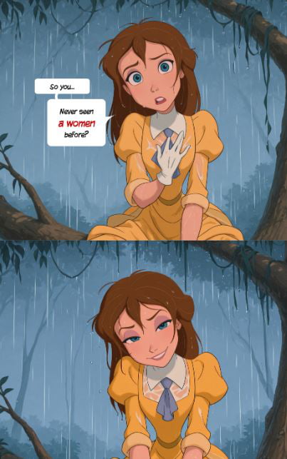 This is a two-panel lewd meme featuring the character Jane Porter from Disney's 1999 animated film *Tarzan*. Both panels are set in a rainy jungle environment, with Jane sitting on a tree branch. In the top panel, Jane has a shocked, confused expression, with speech bubble text reading 'So you... Never seen a women before?' (with an intentional typo of 'women' instead of the singular 'woman'). In the bottom panel, Jane shifts to a teasing, suggestive smirk as she leans forward, and her rain-soaked yellow dress is see-through, revealing her nipples underneath. The joke is a double entendre referencing the canonical Tarzan plot point where Tarzan has never encountered a human woman before, paired with the suggestive visual to imply a sexual come-on. The original post title 'Where's the rest of it?' refers to viewers wanting to see the continuation of this suggestive scene.