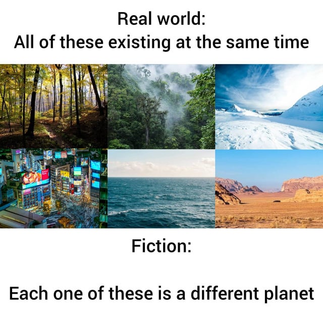 This meme uses a collage of six distinct environment photos to contrast the real world with fictional sci-fi media tropes. The top section, labeled "Real world: All of these existing at the same time", showcases that Earth naturally contains diverse ecosystems: a temperate forest, misty jungle, icy tundra, neon-lit dense city, open ocean, and arid desert, all coexisting on one planet. The bottom section, labeled "Fiction: Each one of these is a different planet", jokes about how science fiction media often frames each unique environment as a separate, distinct planet rather than utilizing Earth's existing natural and human-made diversity. The meme critiques this common trope with a humorous, observational tone.