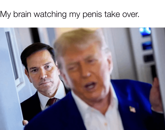 A meme featuring a photograph of two male politicians. The top of the image has white text reading 'My brain watching my penis take over.' In the foreground, Donald Trump is shown in motion, walking forward with a determined expression, hand on a door frame. Behind him, an unidentified male politician follows with a serious, concerned expression. The meme uses the visual contrast of the leading (penis) and following (brain) figures to humorously metaphorize the concept of impulsive desires (penis) overriding rational thought (brain).