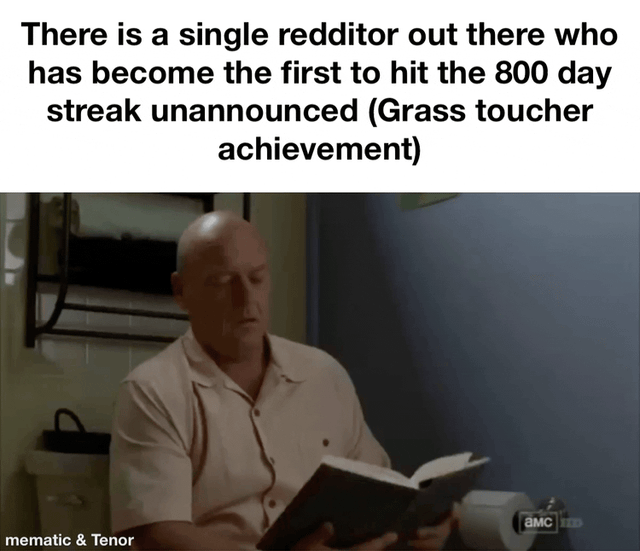 A meme featuring a sequence of four images of Hank Schrader from Breaking Bad showing increasingly shocked facial expressions while sitting on a toilet reading a book. The text overlay reads: 'There is a single redditor out there who has become the first to hit the 800 day streak unannounced (Grass toucher achievement)'. The images show Hank progressing from casual reading to wide-eyed surprise, visually representing the shock of discovering this Reddit achievement milestone.