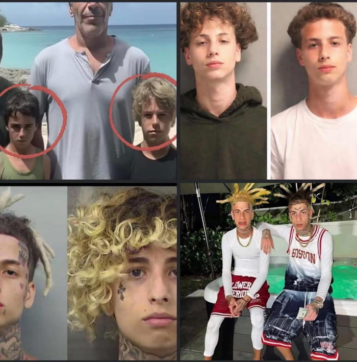 A 2x3 collage of images depicting individuals, likely showcasing a transformation over time. Top-left: A group photo with two young boys circled in red, standing next to an adult male against a beach backdrop. Top-middle: A young man with curly hair wearing a dark hoodie, neutral expression. Top-right: A young man with short hair in a white t-shirt, neutral expression. Bottom-left: A close-up of a person with blonde dreadlocks and facial tattoos. Bottom-middle: A close-up of a person with voluminous curly blonde hair and a small facial tattoo. Bottom-right: Two individuals sitting together; one in a white long-sleeve shirt and red shorts with 'LOWER MERION' text, the other in a gradient long-sleeve shirt and patterned shorts, both with dyed/yellow hair and visible tattoos. The implied humor lies in the progression from young, plain boys to older individuals with distinct, edgy styles (tattoos, unique hairstyles), aligning with the original title 'It all makes sense now..' as a playful observation of their changing appearance.