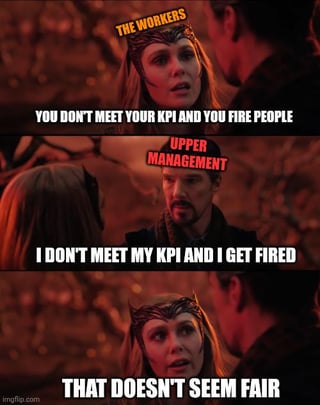A meme using a scene from a live-action film/TV show featuring two characters engaged in a conversation. The top of the image labels one character as 'THE WORKERS' and the other as 'UPPER MANAGEMENT' via overlaid text. The dialogue humorously contrasts the consequences of not meeting KPIs: workers are fired for others' failures, while workers themselves face termination for their own, culminating in the line 'THAT DOESN'T SEEM FAIR' to highlight workplace inequality. The bottom left corner contains the 'imgflip.com' watermark, indicating it was created with the Imgflip meme generator.
