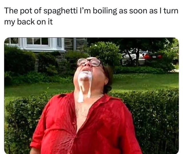 This is a relatable cooking meme that pairs a photo of a man with thick white foam spilling out of his open mouth with a text caption that jokes the image represents what a pot of boiling spaghetti does immediately after you turn your back on it. The foam visually mimics boiling pasta water bubbling over the pot, creating a humorous analogy for a common annoying everyday cooking problem that almost always happens when you step away from boiling pasta.