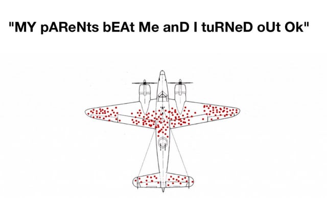 The meme features two identical lines of text with inconsistent capitalization: 'MY pAReNts bEAt Me and I tuRNed oUt Ok,' positioned above a simple line drawing of a twin-engine airplane. The airplane is covered in numerous small red dots, resembling bullet holes. The humor relies on a pun: the word 'beat' is intended to be misinterpreted—while the text suggests physical discipline ('parents beat me'), the visual of the bullet-riddled airplane implies the speaker was 'beaten' (damaged) like the airplane, subverting the claim of turning out 'ok'.