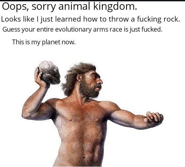 The meme features a paleoart illustration of a muscular prehistoric hominid (early human/caveman) posed mid-throw, holding a large rock raised above his right shoulder with a smug, confident expression. Above the illustration, text is written from the caveman's perspective, humorously and crudely declaring that his discovery of how to throw rocks has made all other animals' evolutionary adaptations obsolete, and that humans are now the dominant species on the planet. The joke plays on the massive ecological shift that occurred when early humans developed tool use and projectile weapons, allowing them to become apex predators despite lacking the natural physical advantages of many other animals.
