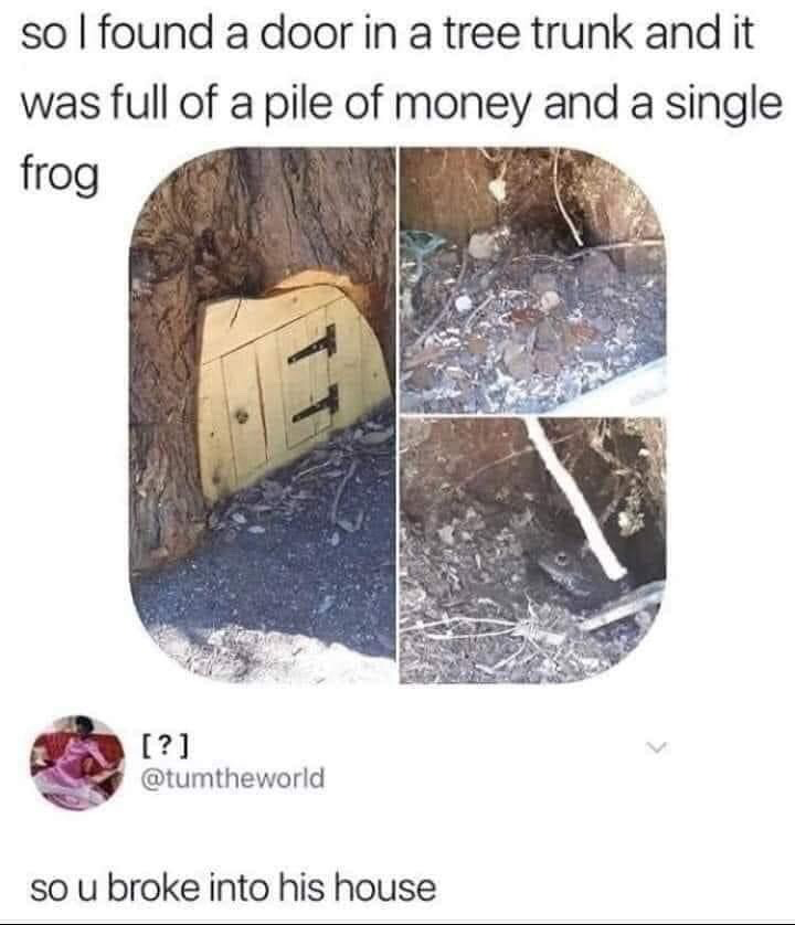 This is a multi-panel social media meme consisting of an original discovery post and a sarcastic reply. The top post has text that reads 'so I found a door in a tree trunk and it was full of a pile of money and a single frog', paired with three photographs: the first displays a small arched wooden door installed at the base of a tree trunk, the second shows a pile of loose change and small bills inside the tree cavity behind the door, and the third shows a single dark-colored frog sitting stationary inside the same cavity. The reply below from user @tumtheworld reads 'so u broke into his house', humorously framing the frog as the rightful resident and owner of the tree home and its money, implying the original poster committed burglary by intruding on the frog's property without permission.