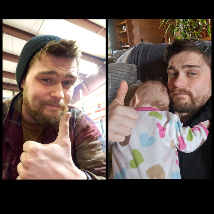 This is an uplifting two-panel before-and-after photo collage sharing a real person's journey of addiction recovery and personal growth. The left panel captures the man celebrating his 1-month sobriety milestone, giving a hopeful thumbs-up while wearing a beanie. The right panel shows the same man nearly 6 years later, holding his infant child close; both the man and the baby's arm are positioned in a thumbs-up, conveying deep contentment and pride. The accompanying text shares his achievement of maintaining sobriety for almost 6 years and becoming a father, highlighting a powerful, positive life transformation rooted in recovery.