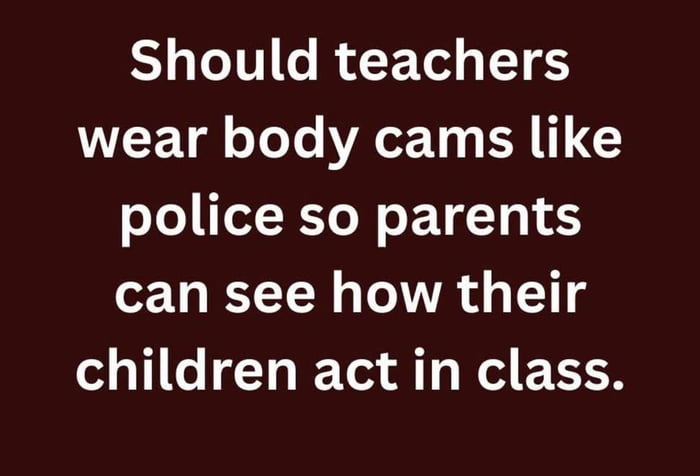 A text-based image with a solid dark red background featuring centered white text that poses a question: 'Should teachers wear body cams like police so parents can see how their children act in class.' The text is the primary focus, with no additional visual elements, characters, or graphics. The design is minimalistic, intended to prompt discussion or debate on the topic of classroom surveillance and parental monitoring.