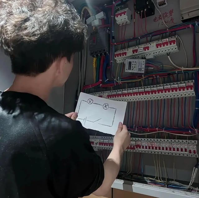 The image shows a person viewed from behind, with short curly two-tone hair, standing in front of a large, densely wired industrial electrical control panel filled with rows of circuit breakers, multicolored electrical wires, and other electrical hardware. The person holds a piece of paper with an extremely simple hand-drawn series circuit diagram that only includes a power source, a switch, and two light bulbs, and appears to be comparing this basic reference to the vastly more complicated wiring of the panel in front of him. The humor comes from the absurd contrast between the overly simplistic guidance and the highly complex real-world technical task the person is attempting to complete.