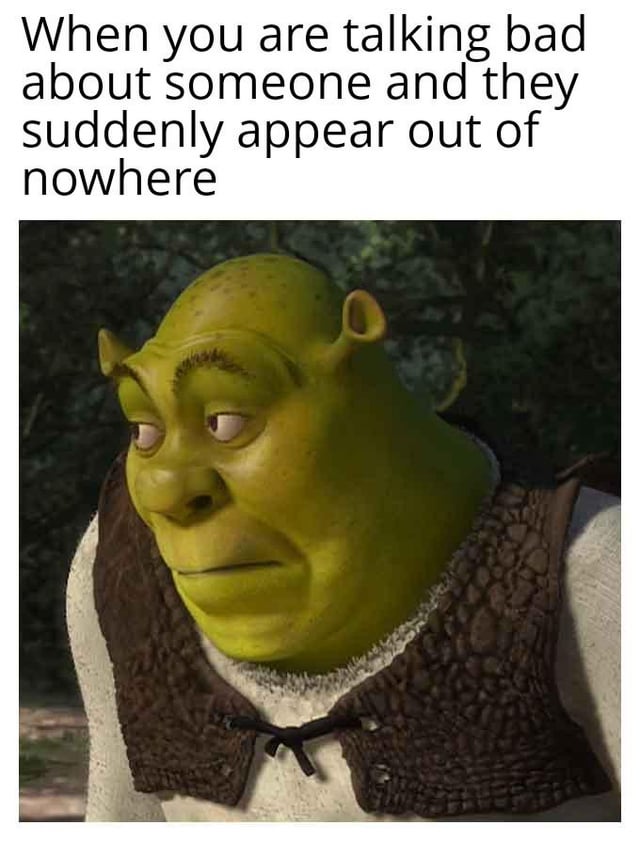 This is a relatable reaction meme combining a screenshot of the animated ogre Shrek from the DreamWorks *Shrek* film franchise with a top text caption. The caption reads 'When you are talking bad about someone and they suddenly appear out of nowhere', which pairs perfectly with Shrek's wide-eyed, side-eyed, guilty expression. The meme humorously captures the universal, awkward, and cringey experience of being caught gossiping or speaking negatively about someone immediately as they arrive. Shrek's expression perfectly mirrors the panic, embarrassment, and discomfort felt in that exact moment, making the meme highly relatable to viewers who have experienced this everyday awkward situation.