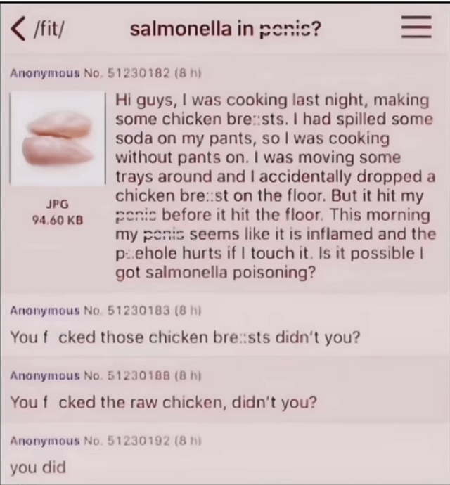 This is a screenshot of a public anonymous thread from 4chan's /fit/ (fitness) board. The original poster shares a story: he was cooking raw chicken breasts pantsless after spilling soda on his pants, accidentally dropped a raw chicken breast that hit his penis before landing on the floor, and woke up with an inflamed, painful penis, asking other users if it is possible he contracted salmonella poisoning from the incident. A thumbnail image of two raw chicken breasts is attached to his post. The first reply accuses him of having sexual intercourse with the chicken breasts, the second accuses him of having sex with the raw chicken, and the third reply simply states 'you did', implying all users recognize the original poster is lying about the accidental contact to cover up that he engaged in sexual activity with the raw poultry.