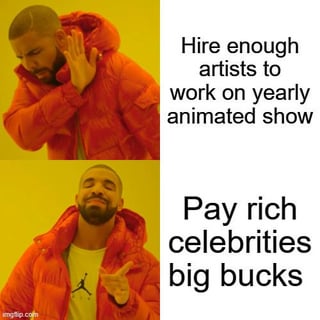 This is a two-panel meme using the popular Drake Hotline Bling reaction template. The top panel features Drake holding his hand up in a clear rejection gesture, paired with text that reads "Hire enough artists to work on yearly animated show", representing the logical, worker-supportive choice that animation studios reject. The bottom panel shows Drake smiling and pointing in approval, paired with text that reads "Pay rich celebrities big bucks", mocking the common real-world priority of animation studios (specifically the team behind the animated series *Invincible*) to allocate large portions of their budget to celebrity voice actors instead of hiring sufficient animation staff to produce content consistently and support animators.