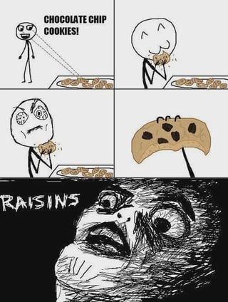This is a 5-panel rage comic meme. The first panel shows an excited stick figure looking at a plate of cookies with the text 'CHOCOLATE CHIP COOKIES!' next to him, appearing thrilled. The second panel shows the stick figure happily taking a bite of one of the cookies. The third panel shows his expression shift to one of shock and disgust as he realizes the cookie is not what he expected. The fourth panel reveals the cookie is an anthropomorphized raisin cookie grinning mischievously, containing raisins instead of chocolate chips. The fifth and final panel is a close-up of a distorted, enraged rage face against a black background, with the text 'RAISINS' next to it, conveying extreme frustration at the common relatable disappointment of mistaking raisin cookies for chocolate chip cookies.