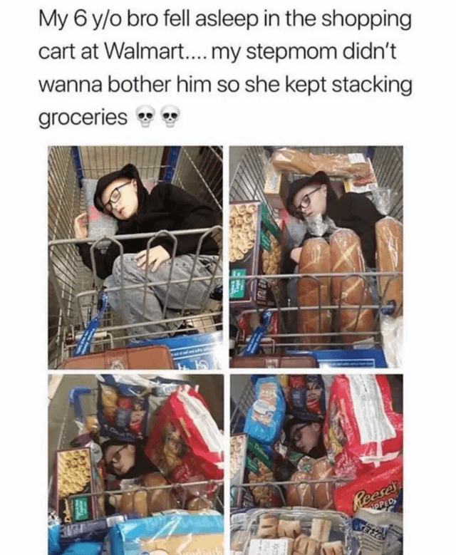 A 2x2 collage of four photographs documenting a humorous real-life scenario: a 6-year-old boy falls asleep in a Walmart shopping cart, and his stepmom continues shopping, gradually stacking groceries around him without waking him. The first panel shows the boy sleeping with a pillow in the cart; the second adds loaves of bread and cereal boxes; subsequent panels show him increasingly surrounded by snacks like Reese's, with only his face and part of his body visible by the end. The text above the collage explains the situation: 'My 6 y/o bro fell asleep in the shopping cart at Walmart.... my stepmom didn't wanna bother him so she kept stacking groceries 💀💀', using skull emojis to convey amused exasperation.