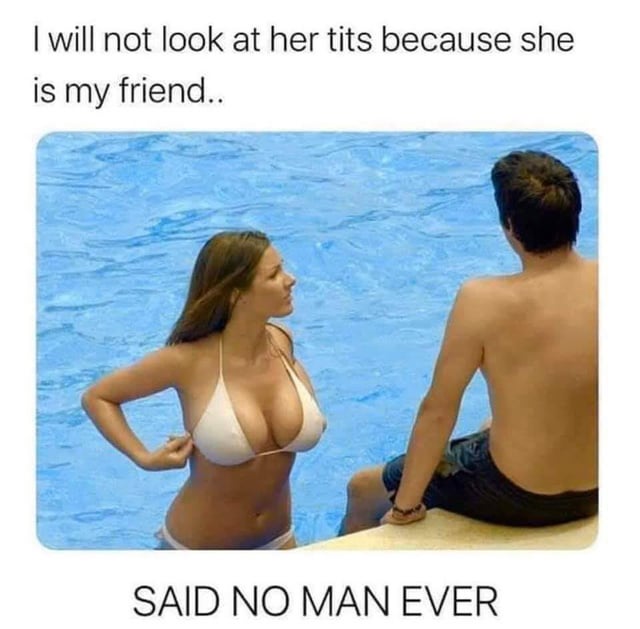 This is a single-panel static meme featuring a photograph taken at a swimming pool paired with sarcastic text. In the image, well-known British glamour model Lucy Pinder stands in the pool wearing a revealing white bikini, adjusting her top while looking towards an unidentified man sitting on the pool edge facing away from the camera. The top text presents the hypothetical statement "I will not look at her tits because she is my friend..", while the bottom text sarcastically responds "SAID NO MAN EVER". The joke relies on the exaggerated, widely recognizable stereotype that heterosexual men would be unable to avoid looking at an attractive female friend in revealing swimwear, framing the original statement as completely implausible.