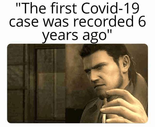 A 4-frame meme sequence featuring a serious, contemplative man resembling Solid Snake from Metal Gear Solid in a dimly lit room, holding a cigarette. Each frame repeats the text 'The first Covid-19 case was recorded 6 years ago' at the top. The character exhibits subtle head movements and a pensive expression, emphasizing reflection on the passage of time since the start of the Covid-19 pandemic.