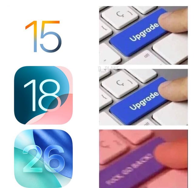 A collage meme featuring a 3x2 grid layout. The left column displays three icons with numbers '15', '18', and '26', likely representing successive software versions (e.g., operating system updates). The right column shows corresponding images of a finger pressing a blue 'Upgrade' button in the first two rows, humorously depicting the cycle of constant software upgrades. The third row may feature a modified button, possibly labeled 'NO UPGRADE', satirizing the frustration of endless update prompts.