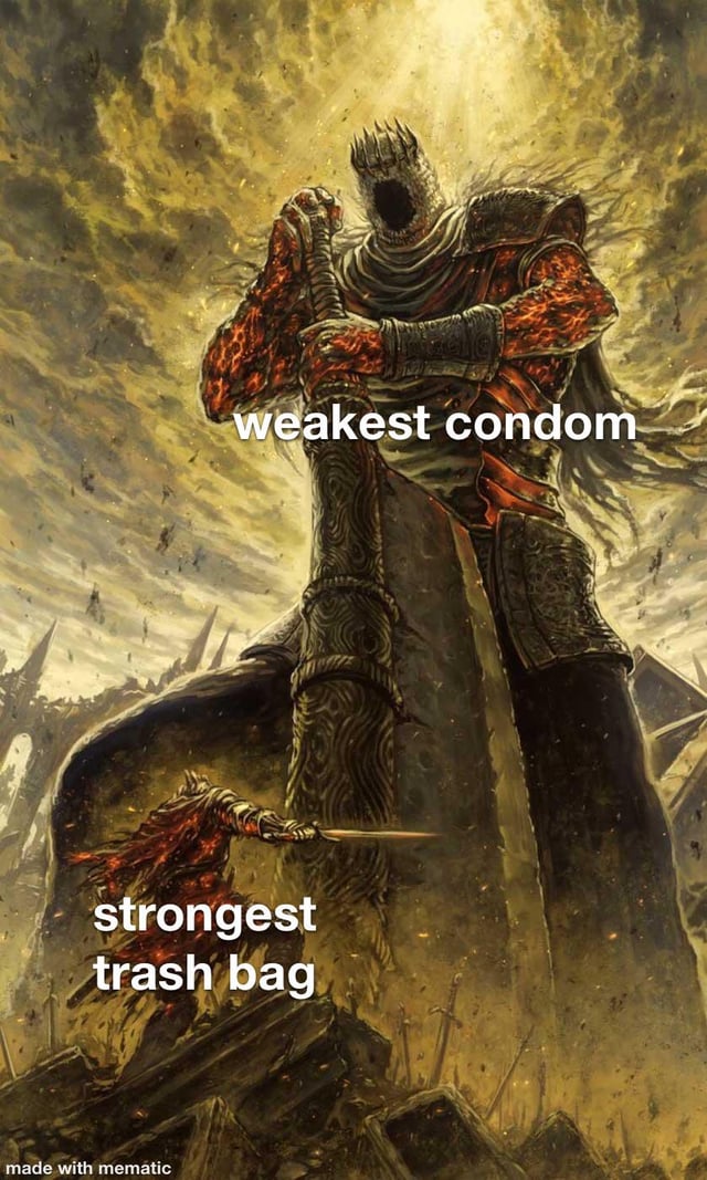A fantasy-themed meme image depicting a dramatic, apocalyptic scene with two warrior figures. A towering, menacing armored giant with a horned helmet and glowing red-hot hands clutches a large, ornate sword. Below, a smaller warrior in red and black armor stabs upward at the giant with a sword. Overlaid white text labels the giant as 'weakest condom' and the smaller warrior as 'strongest trash bag,' creating a humorous contrast between the epic visual style and mundane, sarcastic comparisons of everyday items. The background features dark, swirling clouds and ruined architecture, enhancing the dramatic fantasy atmosphere.