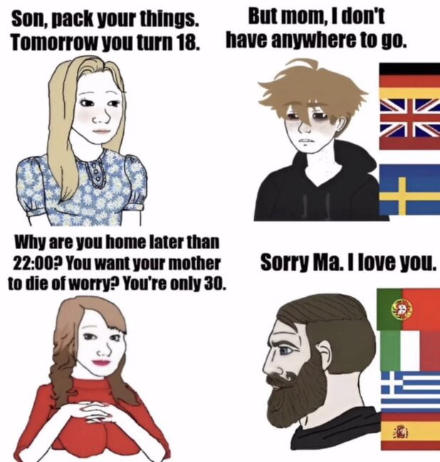 This is a 2x2 four-panel comparison meme highlighting cultural stereotypes about family and parenting norms across European regions. Top left panel: A blonde, neutrally-expressioned mother says "Son, pack your things. Tomorrow you turn 18." Top right panel: A tired, dejected young man responds "But mom, I don't have anywhere to go." with the flags of Germany, the United Kingdom, and Sweden (common Northern European countries) next to him, representing the stereotype that Northern European parents push for early independence, making children leave home as soon as they reach the age of majority at 18. Bottom left panel: A brown-haired, concerned-looking mother says "Why are you home later than 22:00? You want your mother to die of worry? You're only 30." Bottom right panel: A bearded fully adult man responds "Sorry Ma. I love you." with the flags of Portugal, Italy, Greece, and Spain (common Southern European countries) next to him, representing the stereotype that Southern European parents remain highly protective of their children and treat them as young dependents well into their adulthood. In answer to the original question "Is This True?", this is an exaggerated but partially accurate generalization: official statistics confirm that the average age of young people leaving the parental home is far lower in Northern Europe (often 18-22) than in Southern Europe (often late 20s to early 30s), aligning with the core of the joke.