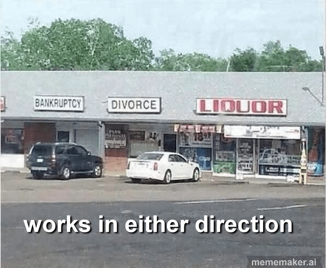 The meme displays a photograph of a low-rise strip mall with three adjacent commercial storefronts. From left to right, the signs above the stores read 'BANKRUPTCY', 'DIVORCE', and 'LIQUOR'. Two cars, a black SUV and a white sedan, are parked in front of the stores. A large white text caption is overlaid at the bottom of the image that reads 'works in either direction'. The dark humor joke relies on the fact that the sequence of the stores works logically in both directions: experiencing bankruptcy or divorce first can lead a person to drink liquor as a coping mechanism, while excess liquor consumption can lead to divorce and then subsequent bankruptcy.