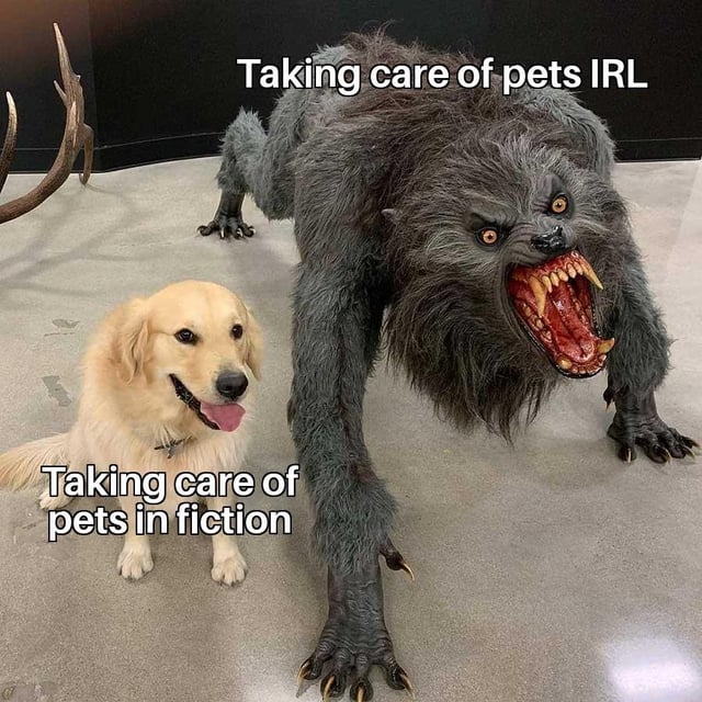 This humorous single-panel meme draws a comedic contrast between fictional portrayals of pet care and the real-life experience of owning pets. On the left side, a calm, friendly golden retriever dog with a happy, smiling expression is labeled 'Taking care of pets in fiction', representing the idealized, cute, low-effort version of pet ownership often shown in media. On the right side, a large, terrifying, snarling grey werewolf monster with bared fangs and an aggressive posture is labeled 'Taking care of pets IRL', acting as an exaggerated, relatable joke about how chaotic, messy, and unexpectedly demanding caring for real pets can feel to owners. The humor comes from the extreme, absurd gap between the gentle fictional pet representation and the monstrous stand-in for real pet care challenges.