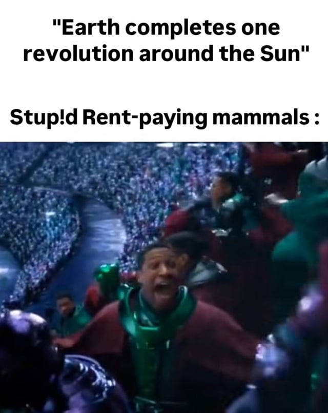 The meme features two lines of text above a screenshot from the Marvel film 'Black Panther.' The top text reads 'Earth completes one revolution around the Sun,' and the middle text reads 'Stup!d Rent-paying mammals :' with a typo in 'Stupid.' Below the text is a scene of a large, cheering crowd in a stadium-like setting with a waterfall, focusing on a Wakandan warrior in green and red attire raising his arms in celebration. The humor contrasts the cosmic event of Earth orbiting the Sun with the mundane human experience of paying rent, implying humans prioritize trivial concerns over astronomical phenomena.