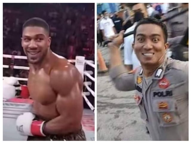A two-panel comparison meme featuring two individuals with similar cheerful smiles in contrasting contexts. The left panel shows a muscular, shirtless boxer wearing red and white gloves, standing in a boxing ring with a crowd in the background. The right panel depicts a person in a gray POLRI (Indonesian National Police) uniform, holding a baton, standing outdoors with a group of people visible in the background. Both individuals are smiling broadly, creating a lighthearted juxtaposition of their different roles.