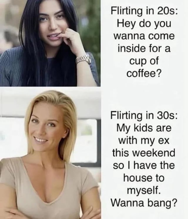 A two-panel comparison meme contrasting flirting styles in one's 20s versus 30s. The top panel features a woman with long dark hair, wearing a dark ribbed top and wristwatch, with her hand resting on her chin. The accompanying text reads: 'Flirting in 20s: Hey do you wanna come inside for a cup of coffee?' The bottom panel shows a woman with blonde hair, wearing a light-colored V-neck top with arms crossed, smiling confidently. The text here reads: 'Flirting in 30s: My kids are with my ex this weekend so I have the house to myself. Wanna bang?' The humor stems from the shift from subtlety (coffee as a euphemistic invitation) to directness (explicit mention of free time and intent) as people age, satirizing life changes and societal expectations in adulthood.