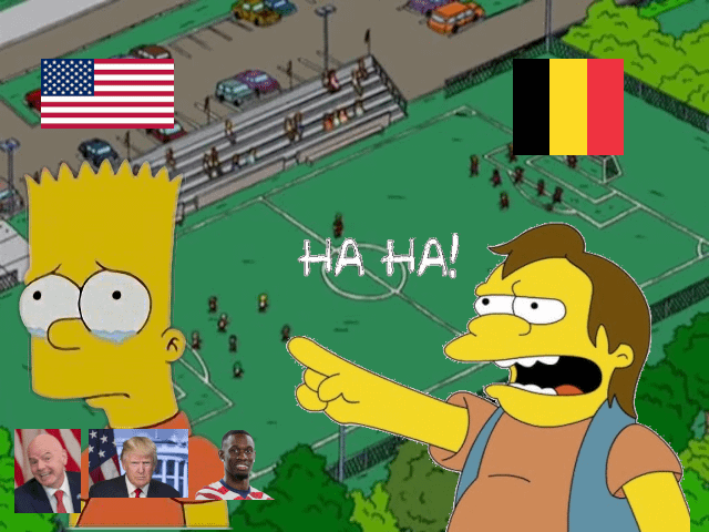 This meme uses characters from the animated series The Simpsons to mock the result of a soccer match where Belgium defeated the USA by a score of 4-1. On the left side, Bart Simpson is depicted crying and looking disappointed, with the flag of the United States placed above him, and small cutout images of FIFA president Gianni Infantino, former US president Donald Trump, and a US men's national soccer team player are overlaid on his shirt to represent the losing US side. On the right side, Nelson Muntz points at Bart while laughing, with the text 'HA HA!' between the two characters, and the flag of Belgium placed above Nelson to represent the winning Belgian side. The background is a Simpsons-style animated soccer field with spectator stands and parked cars, grounding the joke in the soccer match context.