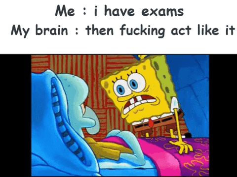 This is a relatable student meme split into two sections: top text describing an internal monologue, and a cartoon scene below. The top text reads 'Me : i have exams' followed by 'My brain : then fucking act like it'. The image below is a scene from the animated show SpongeBob SquarePants, where an angry, frustrated SpongeBob leans over Squidward who is lying in bed, yelling aggressively at him. The joke draws a parallel between SpongeBob yelling at Squidward and a person's own brain angrily criticizing them for procrastinating instead of studying for upcoming exams, a very common experience for students during exam season.