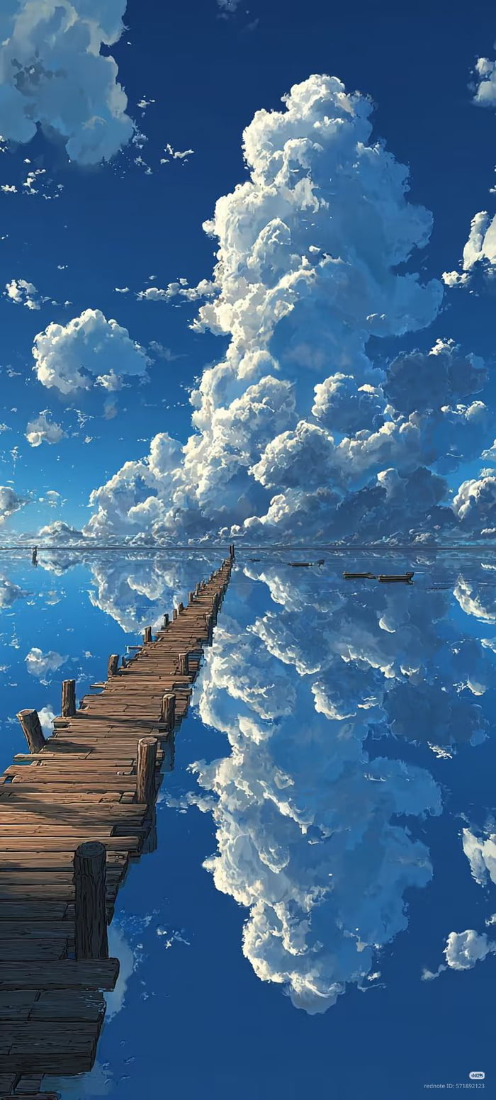 This is a vertical mobile wallpaper featuring a surreal, picturesque landscape. An old weathered wooden pier extends from the bottom left corner into perfectly still water that mirrors the deep blue sky and large fluffy cumulus clouds almost exactly, creating the illusion that the pier leads directly up into the sky. Two small wooden boats float on the water to the right of the pier. The art style is soft, detailed, and reminiscent of anime landscape art, giving a very peaceful, expansive feeling.