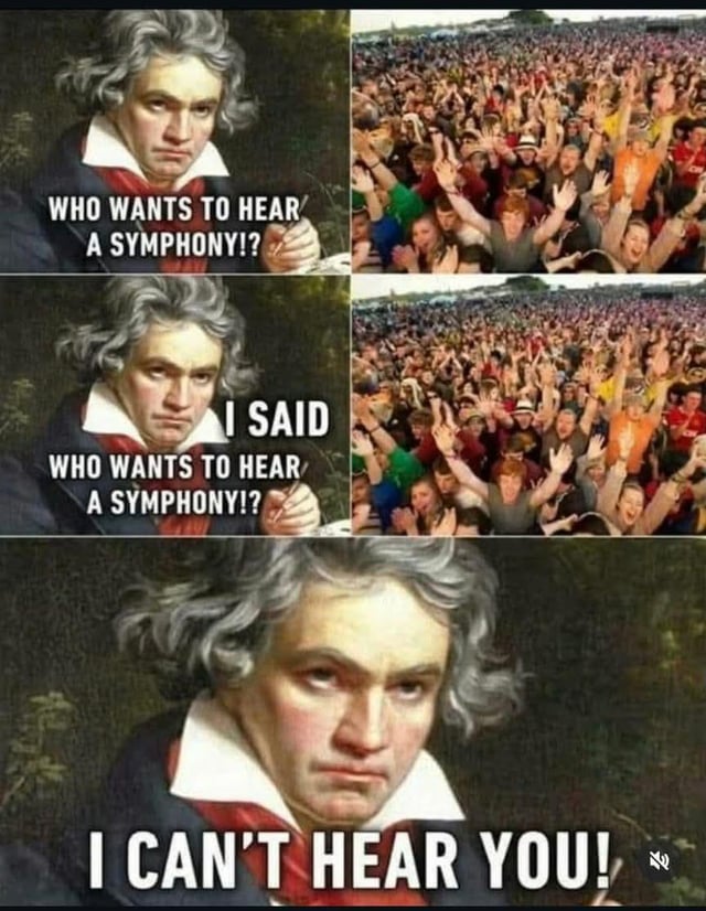 This is a three-panel horizontal split meme. The left column features the classic painted portrait of renowned 18th/19th century classical composer Ludwig van Beethoven, who is widely known for experiencing total hearing loss later in his career. The right column of the first two panels shows a large, enthusiastic crowd of concertgoers cheering and raising their hands. In the first panel, text overlaid on Beethoven's portrait reads 'WHO WANTS TO HEAR A SYMPHONY!?', paired with the cheering crowd. In the second panel, Beethoven repeats the question with the added line 'I SAID' at the start, while the crowd remains just as loud and animated. The third panel is a close-up of Beethoven's stern face, with the punchline text 'I CAN'T HEAR YOU!' overlaid, alongside a muted speaker icon at the bottom right. The joke relies on the well-documented fact of Beethoven's deafness, subverting the common trope of a performer teasing a crowd to cheer louder, as the reason he cannot hear their enthusiastic response is his own hearing impairment.