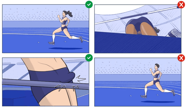 This is a 4-panel satirical comic illustrating purported new broadcasting guidelines for women's athletics. Panel 1 (top left, green checkmark): A full-body shot of a cisgender female athlete running on a track is marked as allowed. Panel 2 (top right, red X): An upskirt shot of a female athlete participating in pole vault is marked as prohibited. Panel 3 (bottom left, green checkmark): A close-up shot focusing on the prominent groin bulge of a transgender female athlete pressed against a pole vault bar is marked as allowed. Panel 4 (bottom right, red X): A full-body shot of a male athlete running on a track is marked as prohibited. The meme satirizes perceived inconsistent and controversial double standards in modern women's sports policy, mocking the contradiction between rules against sexualizing cisgender female athletes, acceptance of imagery highlighting biological male traits of trans female athletes competing in women's categories, and the exclusion of cisgender male athletes from women's sports coverage.