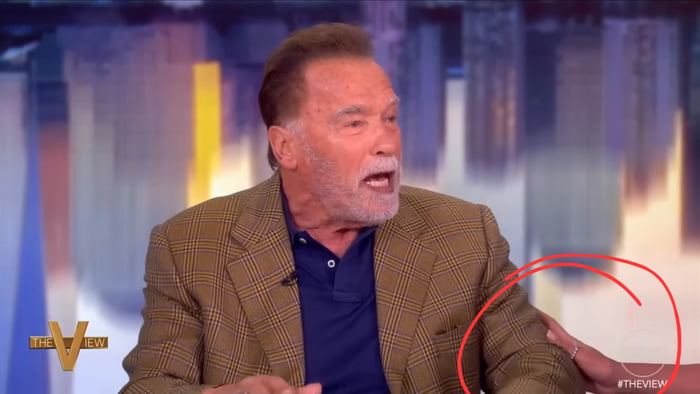 A screenshot from the talk show 'The View' featuring Arnold Schwarzenegger. He is seated, wearing a brown check blazer over a blue shirt, and appears to be speaking. A red circle is drawn around a hand (likely belonging to a co-host) gently touching his arm, suggesting an attempt to interrupt or guide the conversation. The context, as referenced in the accompanying text, relates to Schwarzenegger discussing illegal immigration during the live broadcast.