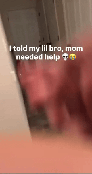 A blurry first-person perspective photograph depicting an indoor hallway. The image features a text overlay in white font that reads: 'I told my lil bro, mom needed help 💀😭'. The skull (💀) and crying (😭) emojis convey a mix of humor and potential distress, aligning with the original title 'Core memory or trauma ?', which questions whether the moment is a cherished core memory or a traumatic one. The blurriness suggests movement or a candid reaction, enhancing the relatable, spontaneous nature of the sibling interaction.