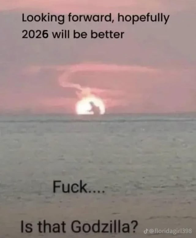 A meme featuring a serene sunset scene with a large silhouette resembling Godzilla standing against the setting sun. The top text expresses hopeful anticipation: 'Looking forward, hopefully 2026 will be better,' while the bottom text abruptly shifts to shock: 'Fuck.... Is that Godzilla?', creating an ironic contrast between optimistic expectations for the future and the sudden threat of the iconic kaiju, implying 2026 may bring unexpected chaos.
