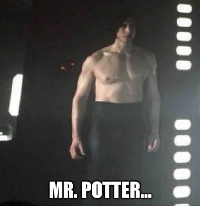 This meme features a leaked behind-the-scenes photograph of actor Adam Driver shirtless in-character as Kylo Ren on the set of a Star Wars film, standing in a dark spaceship-style set. Large bold text at the bottom reads "MR. POTTER...", creating a humorous crossover joke between the Star Wars and Harry Potter fandoms: the phrase references Severus Snape's iconic way of addressing Harry Potter, leaning into the coincidence of matching dark-haired anti-hero aesthetics and popular internet thirst culture for the shirtless character.