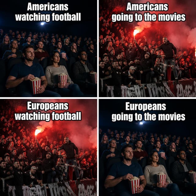 This is a 4-panel comparative meme. Panel 1 is labeled 'Americans watching football' and shows a calm, seated audience in a dark theater holding popcorn, watching attentively. Panel 2 is labeled 'Americans going to the movies' and shows a rowdy, cheering crowd in stadium stands holding lit red flares, acting like aggressive sports hooligans. Panel 3 is labeled 'Europeans watching football' and shows the same rowdy flare-wielding hooligan crowd. Panel 4 is labeled 'Europeans going to the movies' and shows the same calm, seated popcorn-holding theater audience. The joke relies on two common cultural tropes: first, the stereotype that European football (soccer) fans are far more rowdy and passionate at matches than American football fans, and second, the regional difference in the definition of the word 'football' between the US and Europe. The humor comes from swapping the expected behavior for each group in the movie-going scenario to highlight the stark difference in typical sports fan behavior between the two regions.