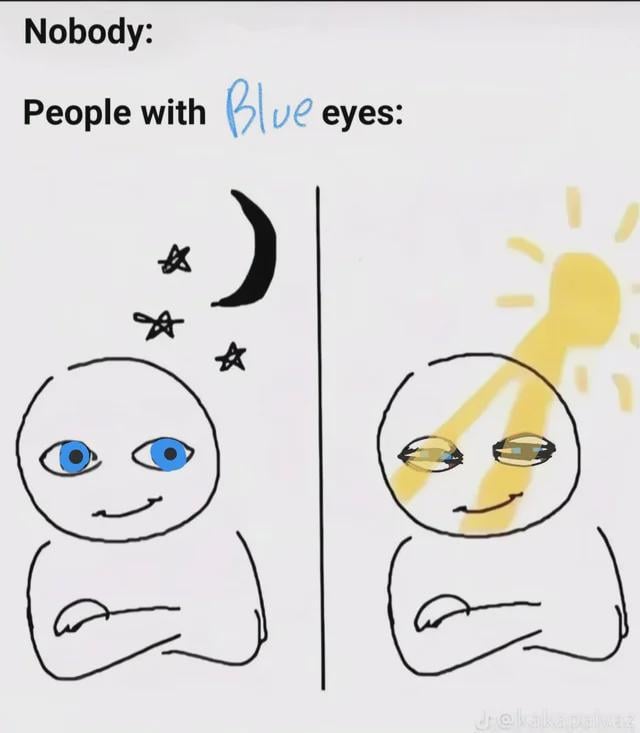 A two-panel meme comparing the reaction of people with blue eyes to night and day. The top text reads 'Nobody:' (left) and 'People with Blue eyes:' (with 'Blue' in blue text). The left panel shows a stick figure with large blue eyes, arms crossed, smiling, with a crescent moon and stars above, implying comfort at night. The right panel shows the same figure with squinting eyes, a bright sun above, and a yellow highlight over the eyes, humorously depicting discomfort or sensitivity to sunlight. The bottom right has a watermark '@kakaapelvz'.
